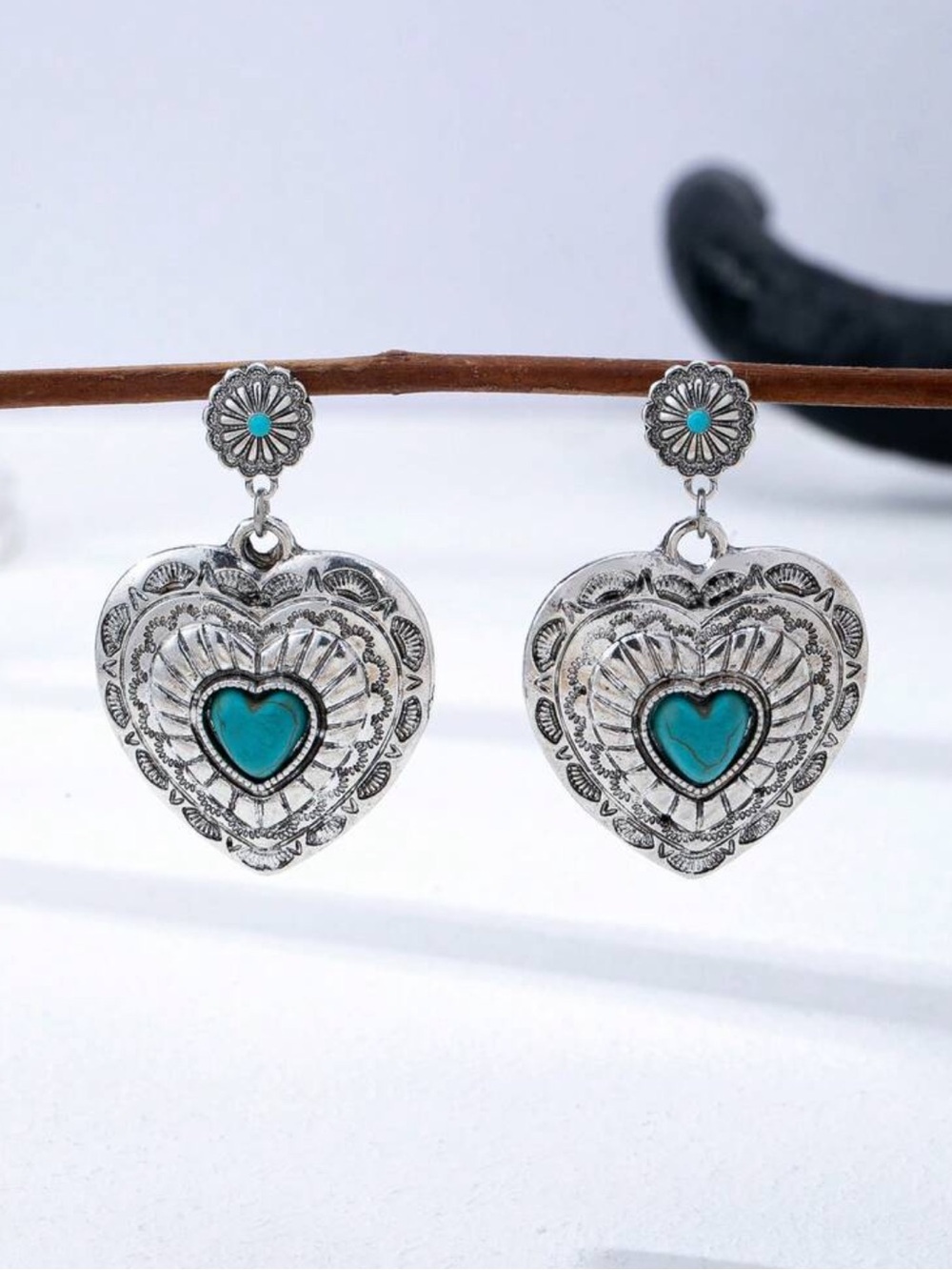 Silver Heart Drop Earrings with Faux Turquoise Center - Women’s Jewelry